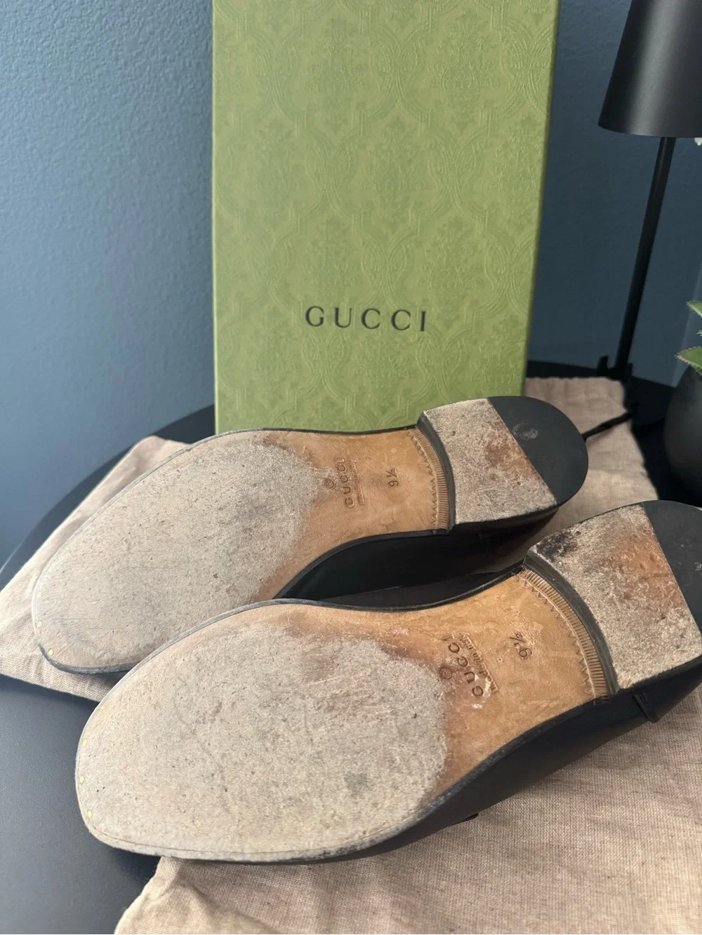 Gucci Black Leather Loafers with Green-Red Web and Gold Hardware